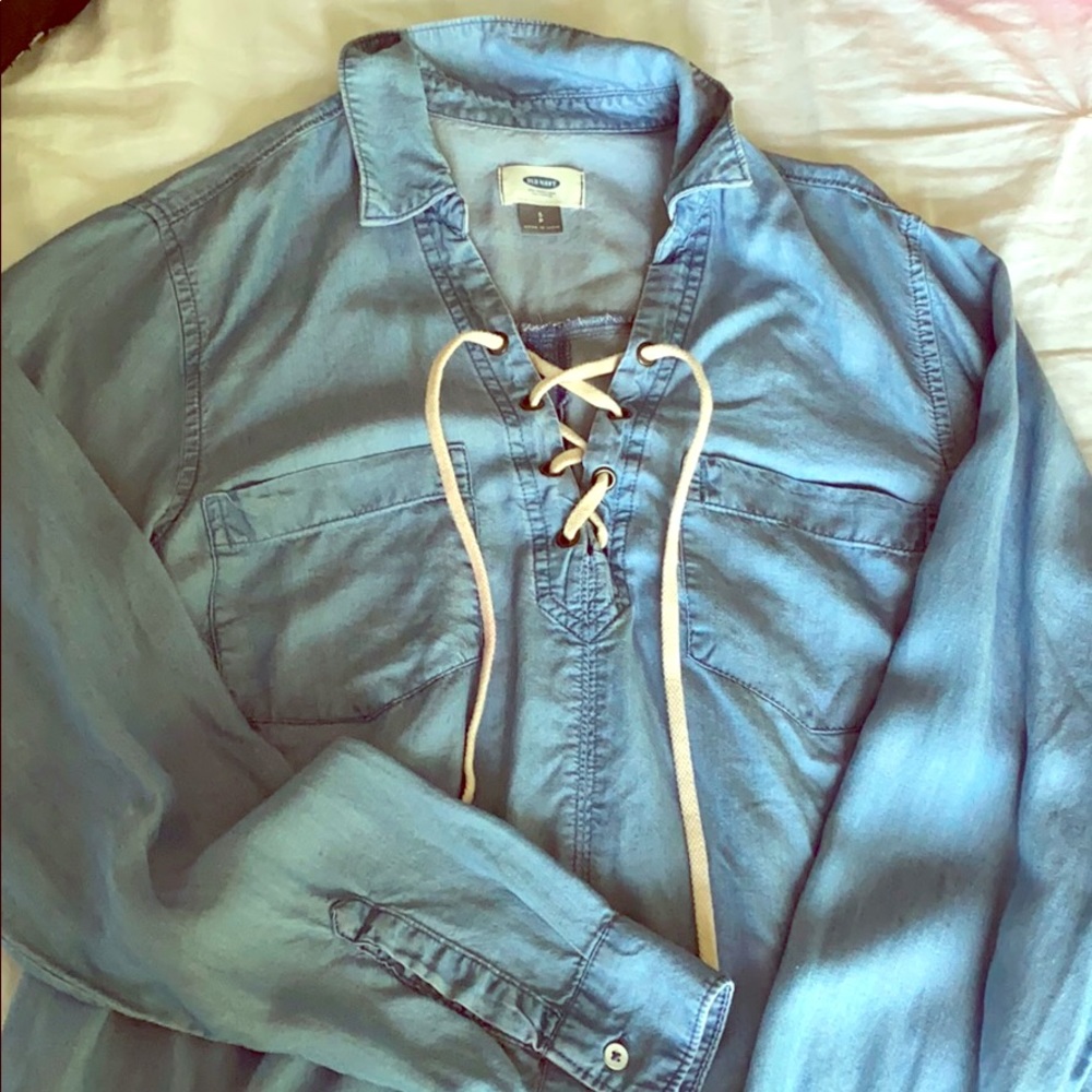 Chambray casual tie front top